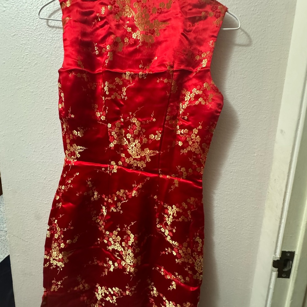 Vintage Red Authentic High Neck Button Up Qipao Floral Side Slit Chinese Gold - Picture 4 of 5